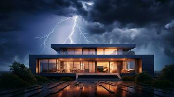 House on Heavy Lightning Thunder Strom Background, Home Insurance Concept. Generative Ai photo