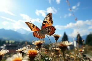 hermosa mariposa rodeado por flores y hojas azul cielo antecedentes. generativo ai foto