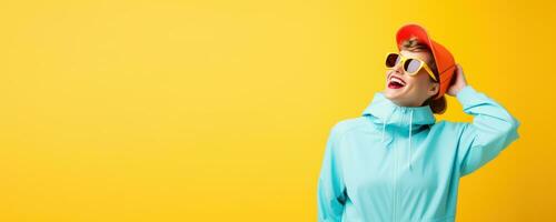 Portrait of Cheerful Woman Banner with Empty Copy Space, Happy Sporty Male Smiling on Studio, Winner Gesture Celebrating. photo