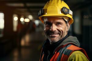retrato de alegre trabajadores vistiendo la seguridad uniforme, construcción Ingenieria trabajos en edificio construcción sitio, observa y comprobación el proyecto. foto