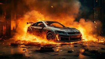 Car on Fire Accident, Burning Car Background, Car Insurance Concept. Generative Ai photo