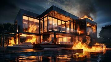 House on Fire Accident, Burning Car Background, Home Insurance Concept. Generative Ai photo