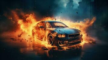 Car on Fire Accident, Burning Car Background, Car Insurance Concept. Generative Ai photo