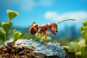 Close up Shot of Ant Finding Food on Leaf Cloudy Blue Sky Background. Generative Ai photo