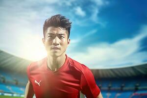 hermoso asiático fútbol jugador, retrato de un hermoso asiático atleta masculino, deporte hombre futbolista. foto