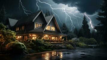 House on Heavy Lightning Thunder Strom Background, Home Insurance Concept. Generative Ai photo