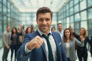 confidente empresario demostración un luchando pose, hermoso gerente gestos levantamiento puños en moderno oficina, masculino empresario peleas un problema foto