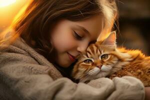 Little Girl Hugging her Cat with Warm Light Background, Kid Hugs a Stray Cat to Conveying a Sense of Love. photo