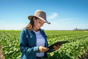 Portrait of Female Farmer Using Tablet in the Farm, Observes and Check Growth Plants, Agriculture Smart Farming Concept photo