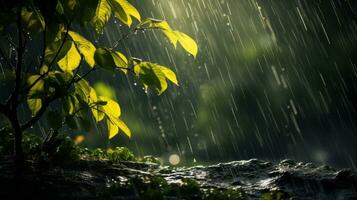 épico fotografía Disparo de lluvioso temporada fondo, disfrutando naturaleza lluvia y contento vida concepto. generativo ai foto