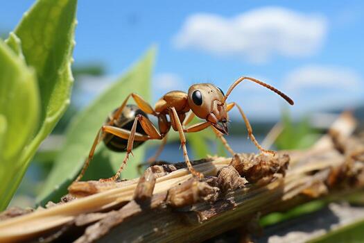 Close up Shot of Ant Finding Food on Leaf Cloudy Blue Sky Background. Generative Ai photo