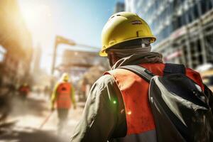 construcción trabajador vistiendo la seguridad uniforme, Ingenieria trabajos en edificio construcción sitio, civil ingeniero observa y comprobación el proyecto foto