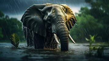 Epic Photography Shot of Elephant on Rainy Day. Lively Rainy Season Concept. Generative Ai photo