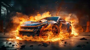 Car on Fire Accident, Burning Car Background, Car Insurance Concept. Generative Ai photo