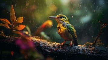 épico fotografía Disparo de pájaro en lluvioso día. animado lluvioso temporada concepto. generativo ai foto