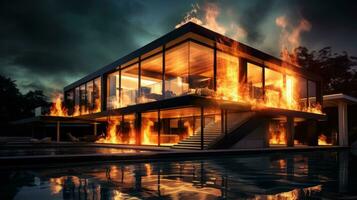 House on Fire Accident, Burning Car Background, Home Insurance Concept. Generative Ai photo