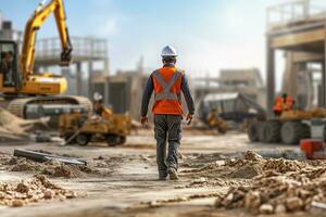 construcción trabajador vistiendo la seguridad uniforme, Ingenieria trabajos en edificio construcción sitio, civil ingeniero observa y comprobación el proyecto foto