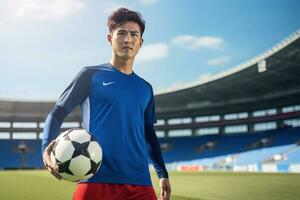 hermoso asiático fútbol jugador, retrato de un hermoso asiático atleta masculino, deporte hombre futbolista. foto