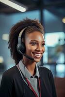 Portrait of a Beautiful African Customer Service Operator, Call Center Worker Talking Through Headset with Customer in Modern Office. photo