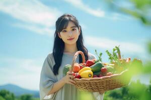 Asian Female Farmer with Basket of Fresh Vegetables, Presenting Organic Vegetables, Healthy Food photo