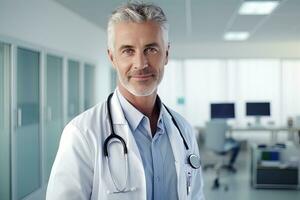 Portrait of Doctor with Stethoscope in the Hospital, Experienced Senior Medical Doctor Smiling and Looking at Camera. photo