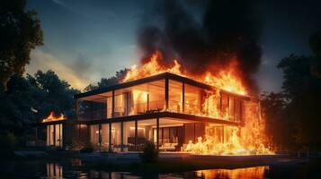 House on Fire Accident, Burning Car Background, Home Insurance Concept. Generative Ai photo