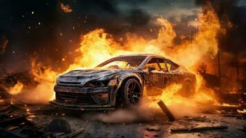 Car on Fire Accident, Burning Car Background, Car Insurance Concept. Generative Ai photo