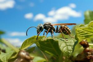 Close up Shot of Ant Finding Food on Leaf Cloudy Blue Sky Background. Generative Ai photo