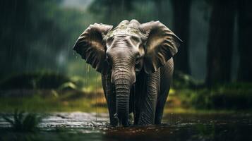 Epic Photography Shot of Elephant on Rainy Day. Lively Rainy Season Concept. Generative Ai photo