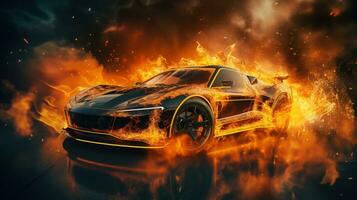 Car on Fire Accident, Burning Car Background, Car Insurance Concept. Generative Ai photo