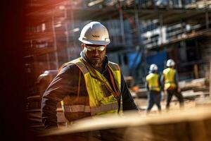 construcción trabajador vistiendo la seguridad uniforme, Ingenieria trabajos en edificio construcción sitio, civil ingeniero observa y comprobación el proyecto foto