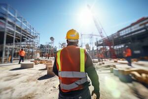 construcción trabajador vistiendo la seguridad uniforme, Ingenieria trabajos en edificio construcción sitio, civil ingeniero observa y comprobación el proyecto foto