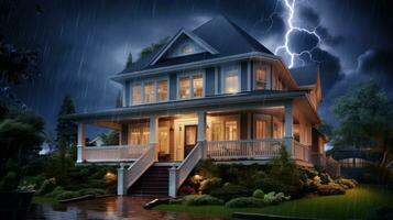 House on Heavy Lightning Thunder Strom Background, Home Insurance Concept. Generative Ai photo