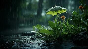 Epic Photography Shot of Rainy Season Background, Enjoying Nature Rainfall and Happy Life Concept. Generative Ai photo