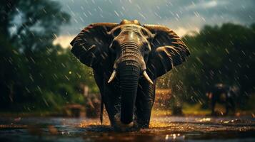 Epic Photography Shot of Elephant on Rainy Day. Lively Rainy Season Concept. Generative Ai photo