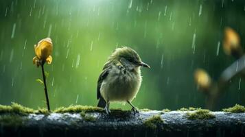 épico fotografía Disparo de pájaro en lluvioso día. animado lluvioso temporada concepto. generativo ai foto