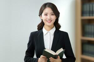 Portrait of Happy Asian Teacher with a Book in School, Young Female Tutor Smiling and Looking at the Camera photo