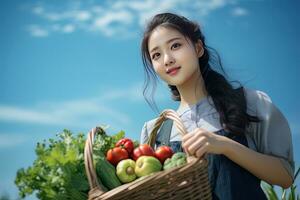 Asian Female Farmer with Basket of Fresh Vegetables, Presenting Organic Vegetables, Healthy Food photo