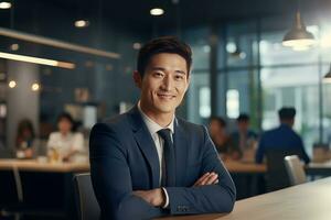 Portrait of a Handsome Businessman in Modern Office, Asian Manager Looking at Camera and Smiling, Confident Male CEO Planning and Managing Company Strategy. photo