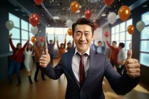 Happy Successful Asian Businessman Celebrating in Modern Office, Celebrate Success and Achieving Goals, Male Entrepreneur Celebrate Winning Moments. photo