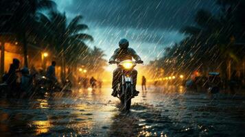 Human Daily Life on Rainy Day. Enjoying Rainfall and Happy Life, Lively Rainy Season Concept. Generative Ai photo