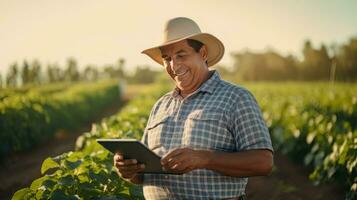 Portrait of Male Farmer Using Tablet in the Farm, Observes and Check Growth Plants, Agriculture Smart Farming Concept photo