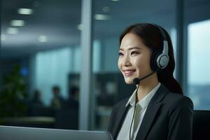 retrato de un hermosa asiático cliente Servicio operador, llamada centrar trabajador hablando mediante auriculares con cliente en moderno oficina. foto