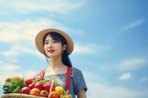 Asian Female Farmer with Basket of Fresh Vegetables, Presenting Organic Vegetables, Healthy Food photo