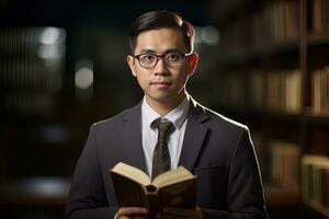 retrato de contento asiático masculino profesor con un libro en escuela, joven hombre tutor sonriente y mirando a el cámara foto