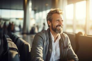 Happy Tourist Smiling at Airport Terminal, Joyful Man Waits for Flight in a Boarding Lounge of Airline Hub. photo