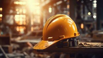 Safety Construction helmet on Table, Hard Cap, Construction Site Blur Background. photo