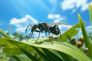 cerca arriba Disparo de hormiga hallazgo comida en hoja nublado azul cielo antecedentes. generativo ai foto