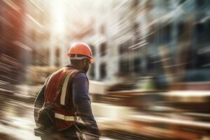 construcción trabajador vistiendo la seguridad uniforme, Ingenieria trabajos en edificio construcción sitio, civil ingeniero observa y comprobación el proyecto foto