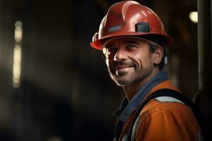 retrato de alegre trabajadores vistiendo la seguridad uniforme, construcción Ingenieria trabajos en edificio construcción sitio, observa y comprobación el proyecto. foto